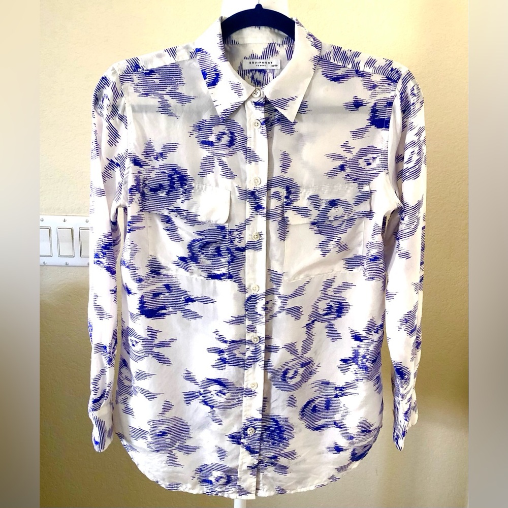 Equipment White Silk Shirt with Purple Abstract Floral Print